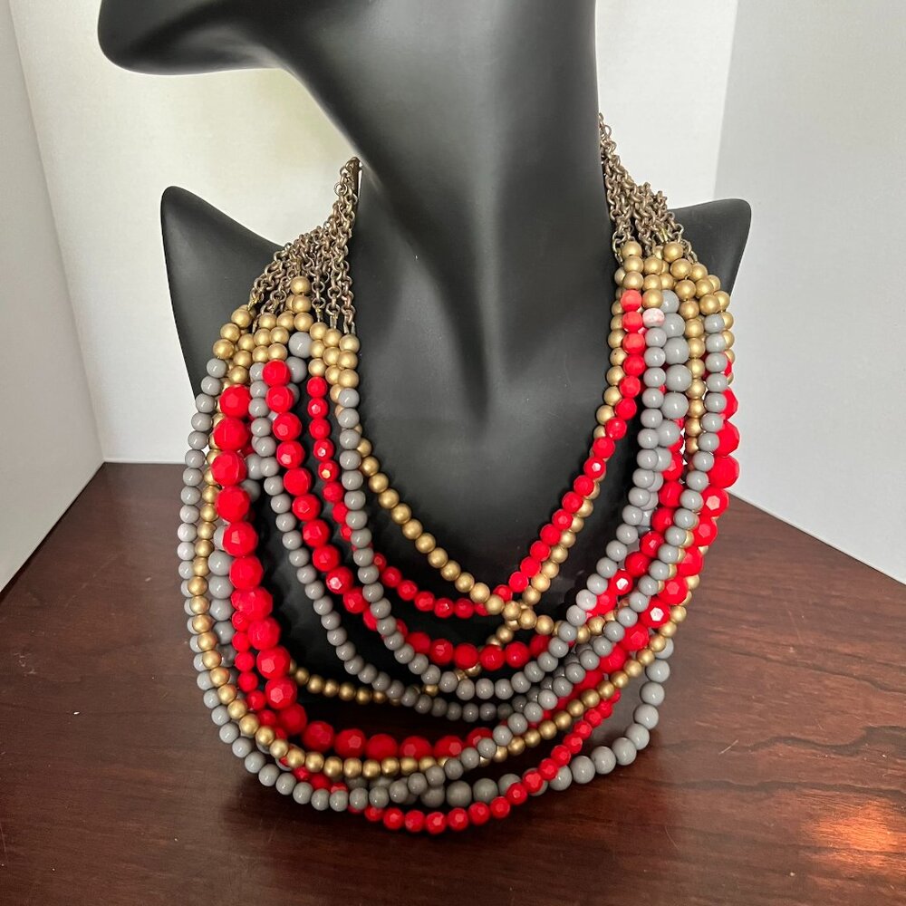 Red, Gray & Gold Bed Multi-Strand‎ Statement Necklace (BEAUTIFUL!)
